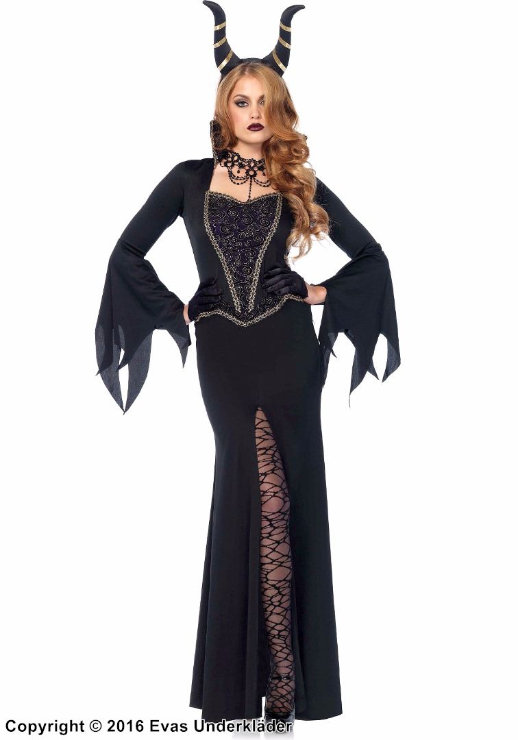Maleficent från Törnrosa, maskeradklänning med hög slits, glitter och rivna ärmar